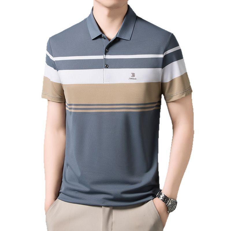 Футболка мужская тяжелая и тонкая вышивка с прямым воротником-лацканом и короткими рукавами в деловом стиле с простым и красивым низом