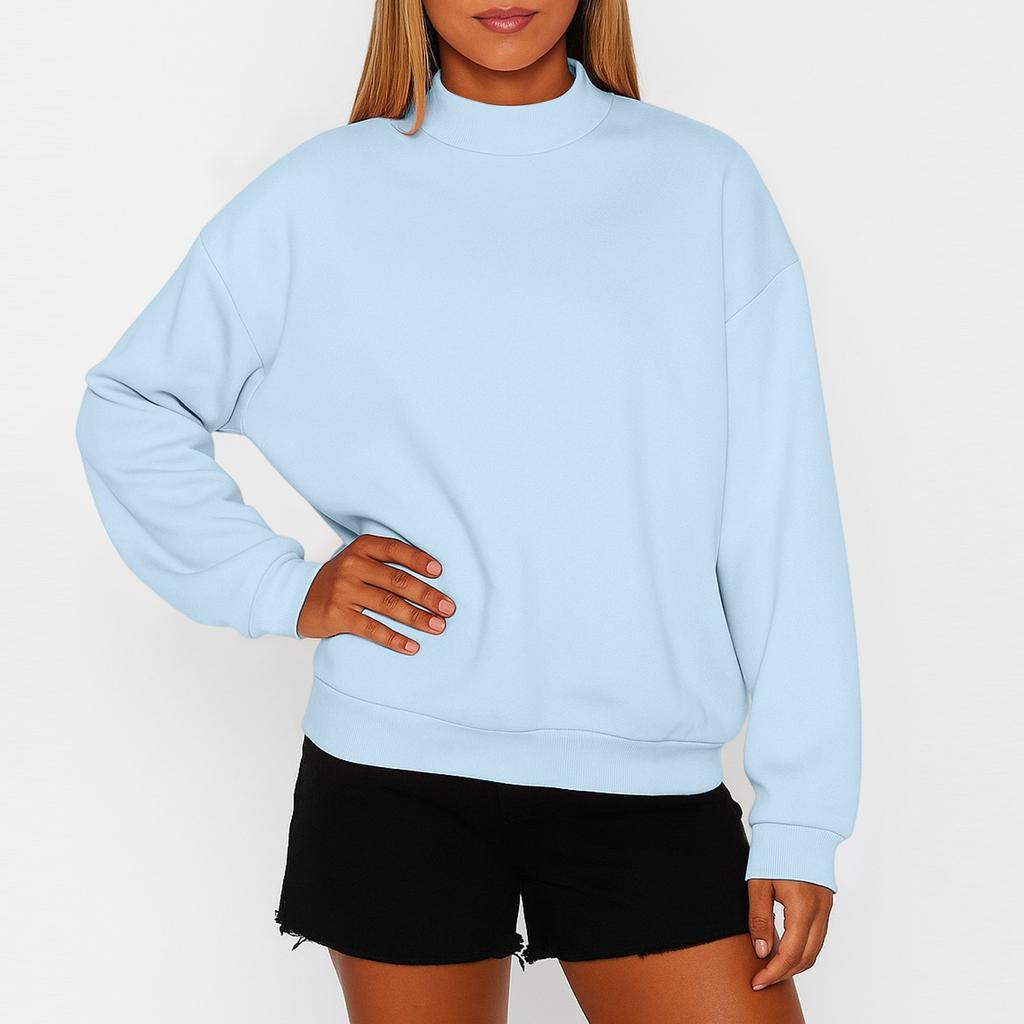 Women's Solid Color Fleece Sweatshirt With A Small High Neck And Loose Fit