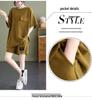 Women's Fashionable European Style Short-Sleeved Two-Piece Suits with Pockets, Plus-Size, Slimming Shorts, Casual Design.