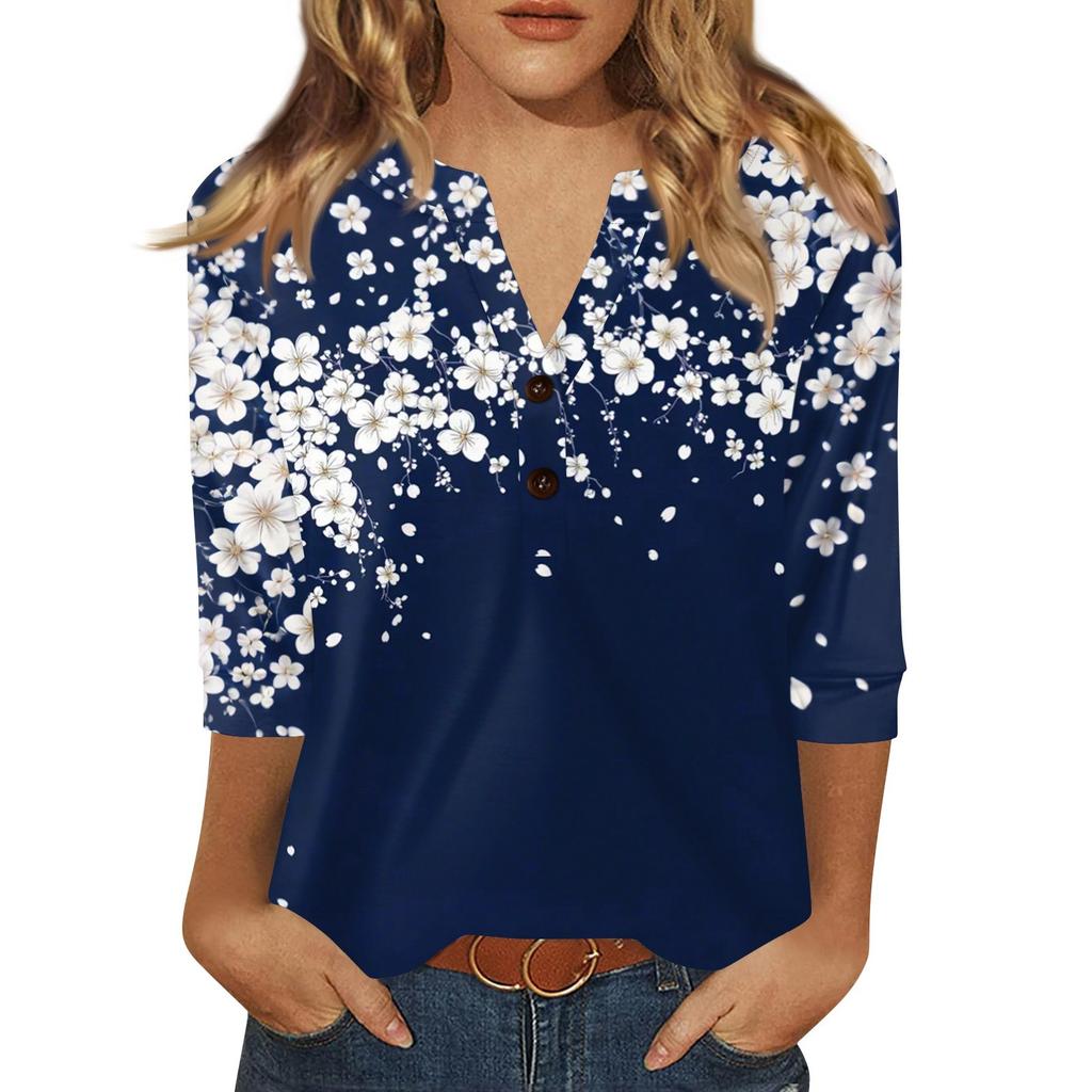 Жен. Футболка С принтом Пуговицы Рукав 3/4 Повседневные Выходные Мода Классический Классический V-образный вырез Обычный Верх
