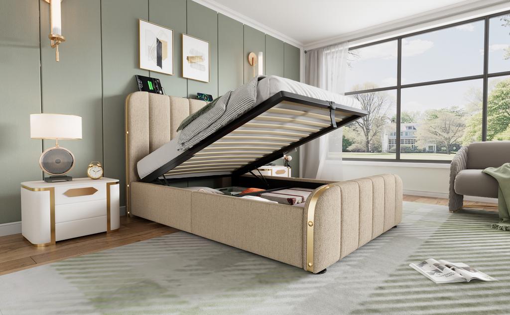 Upholstered Single Bed, Headboard with Golden Stripes and USB Type-C Charging 90*200 cm, Beige Linen Hydraulic Storage Bed (Without Mattress)