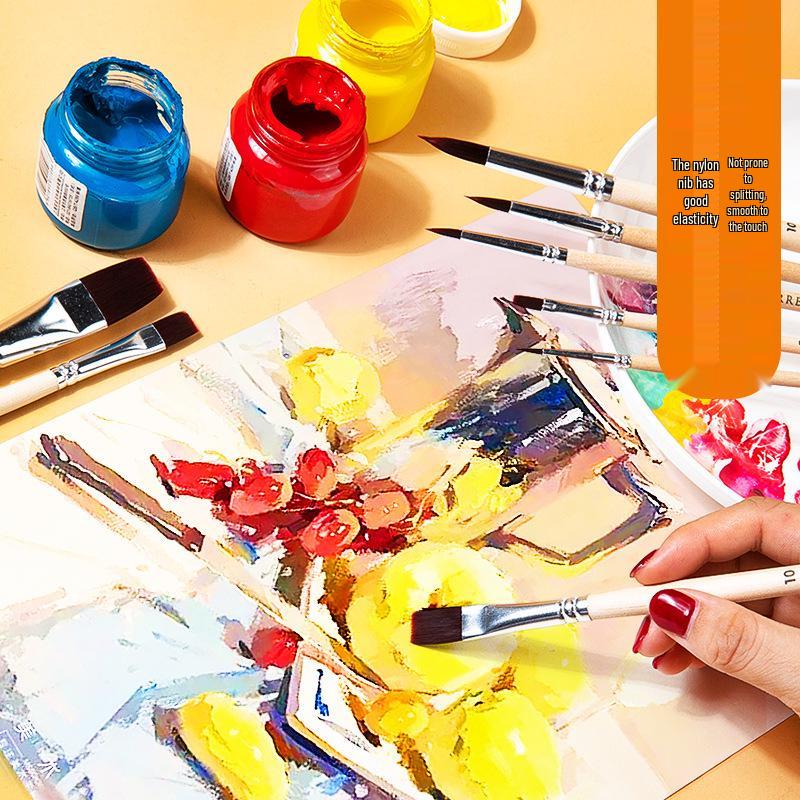 Flat Head Nylon Watercolor & Acrylic Brush Set with Wooden Handle in Brown Pigment Gift Box