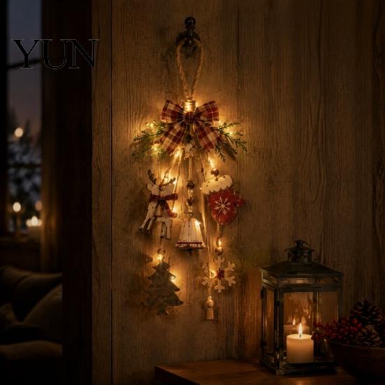 Natural Wood Chip Christmas Crafts Rustic Wooden Hanging Pendant with LED Lights, Lighted Snowflake Gloves Tree And Reindeer Warm Holiday Decor