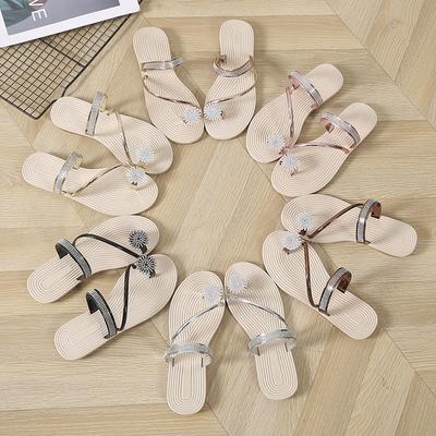 Стильный и простой набор летних шлепок для женщин, новые женские сандалии на плоской подошве со стразами