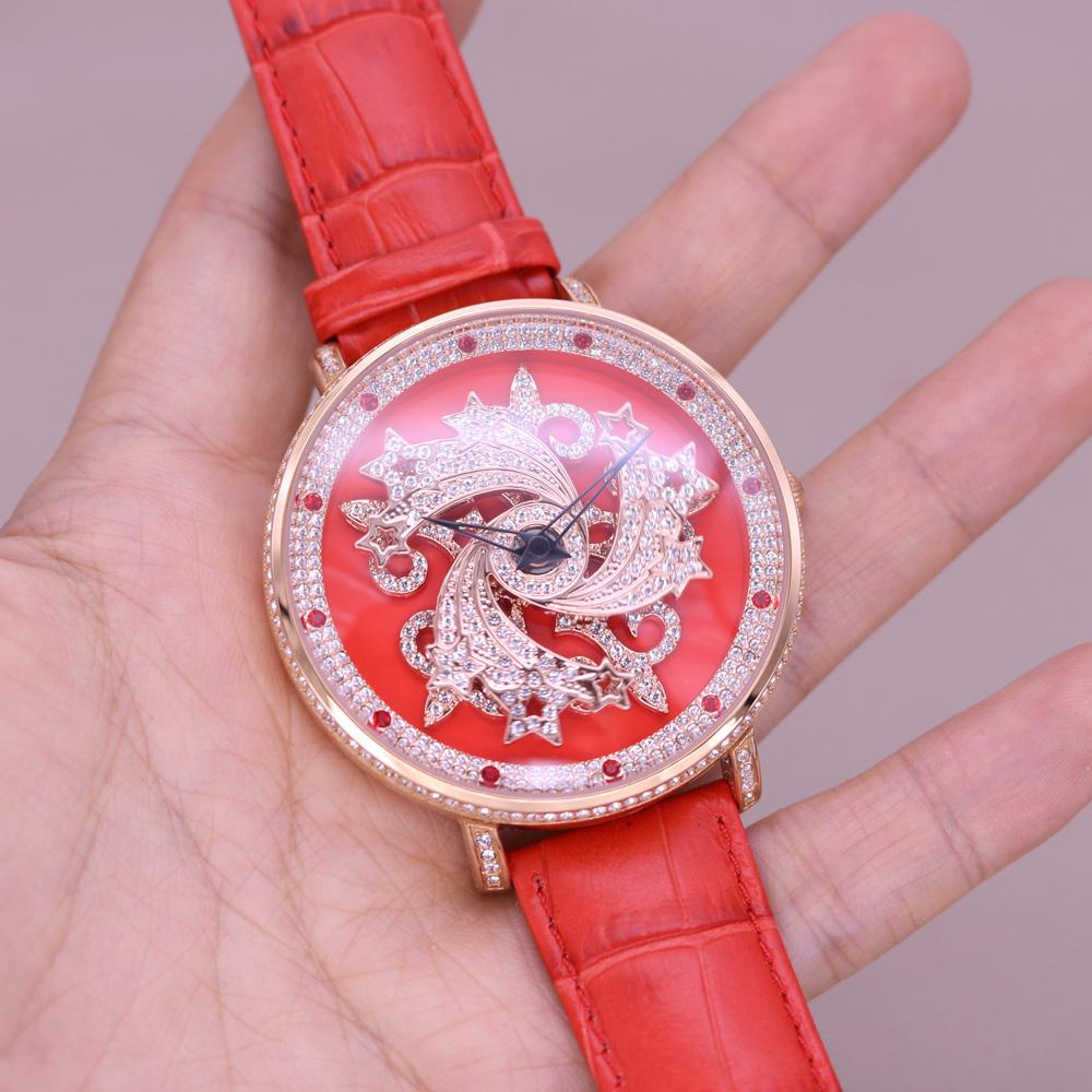 Luxury Davena Spin Snow Flower Women's Watch Japan Mov't Crystal Lady Hours Fine Fashion Real Leather Bracelet Girl's Gift Box