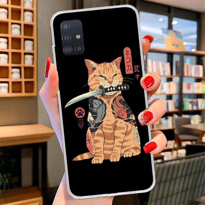Ramen Sushi Samurai Tattoo Cat Cover Phone Case For Samsung Galaxy A12 A22 A32 A52 A72 A02S Phone Case Note 20 Ultra 10 S10 Plus