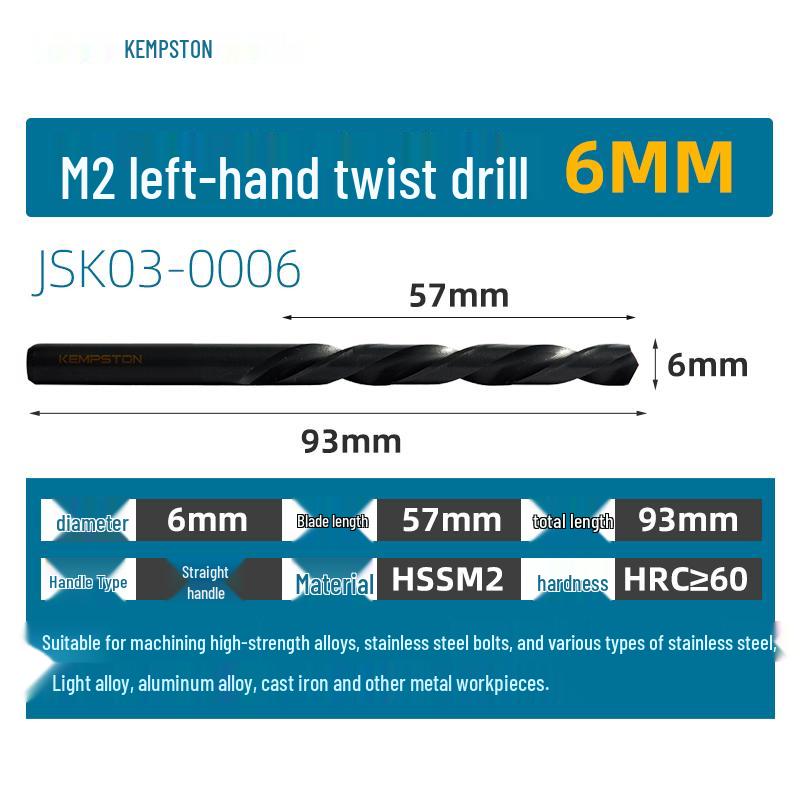 Capson M2 High-Speed Steel Left-Hand Twist Drill Bit for Stainless Steel, Straight Shank, 1-16mm