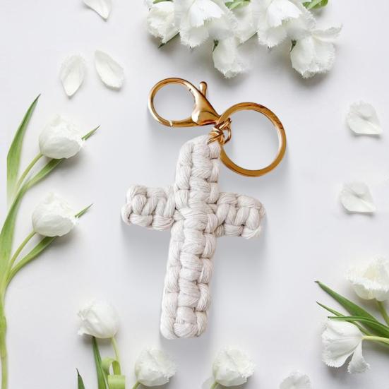 Handmade Christian Cross-shaped Keychain with Golden Ring Compact Comfortable Prayer Pendant Religious Accessory
