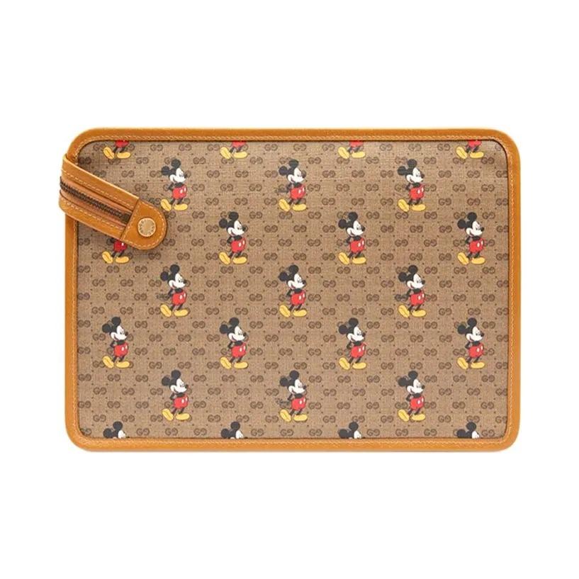 Gucci X Коллаборация с Disney Принт Микки Мауса Винтажный Логотип Холст и Кожа Клатч Унисекс Стиль для Пары Эбеновое дерево и Коричневый