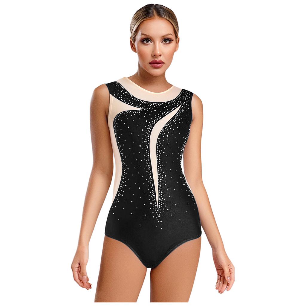 Womens Gymnastics Leotard Sleeveless Back Hollow Out Mesh Patchwork Rhinestone Bodysuit One-piece Dancewear