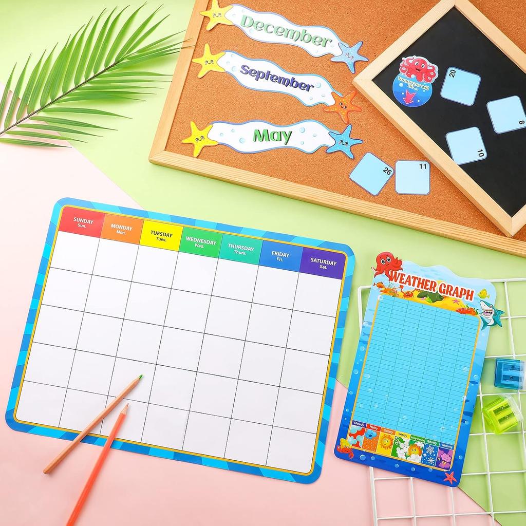 90 Pcs Sea Calendar Bulletin Board Set Pocket Chart Seasons Weather Chart Ocean Theme Classroom Decor Monthly Calendar for School Classroom Home