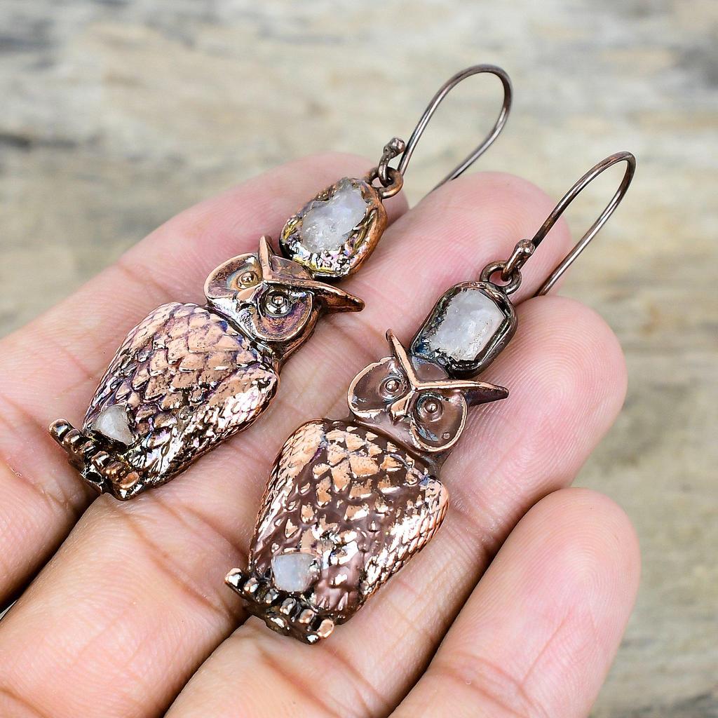 Rainbow Moonstone Rough Earring Electroformed Copper Earrings Gemstone Earring Handmade Copper Jewelry Owl Drop Earrings Anniversary Gifts