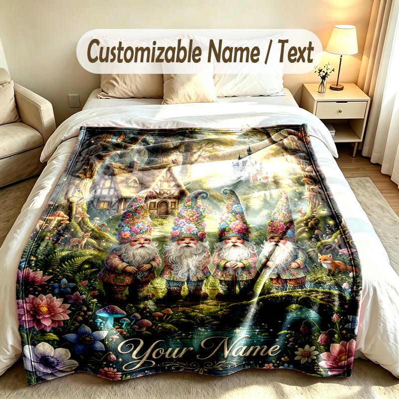 Gnome Theme Custom Blanket Personalized Name & Text Customized Soft Warm Throw Blanket Home Decor