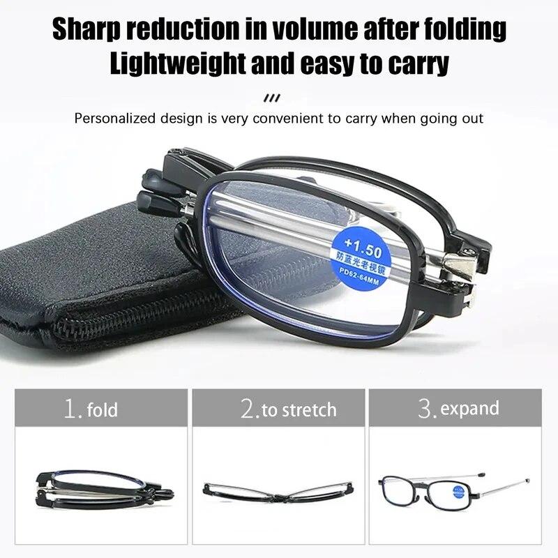 Portable Folding Reading Glasses with Storage Bag, Anti-Blue Light, Anti-Radiation Glasses, Presbyopic Glasses for Women Men