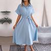 Women New Spring Summer Casual Loose Solid Color Lace Up Shirt Skirt Lapel Neck Button Dress