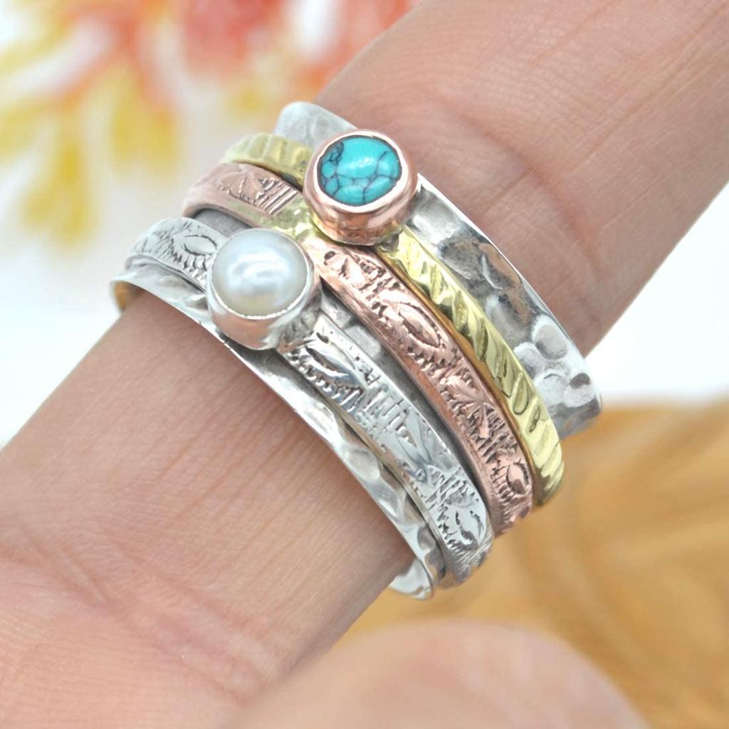 Pearl & Turquoise Ring, Spinner Ring, Handmade Ring, Meditation Ring, Gift For Her, Anniversary Gift, Solid Ring