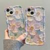 For iPhone 13 Case Oil Painting Flower Pattern TPU Phone Cover with Curly Wave Frame