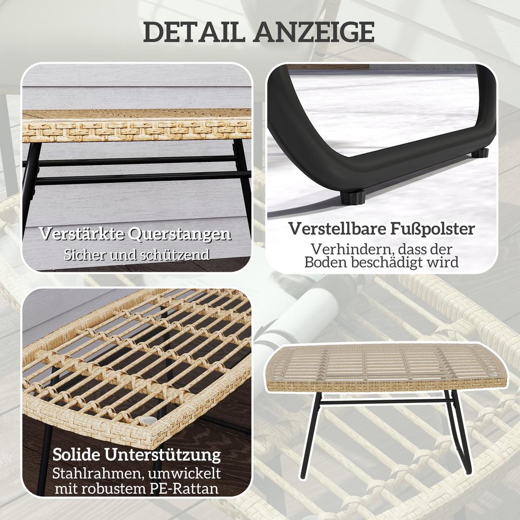 Polyrattan Garden Table, 90 x 50 x 45 cm, UV-resistant Side Table with Glass Top, Natural Wood