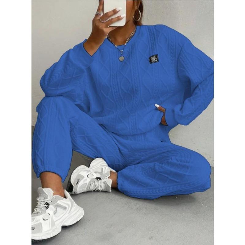 VEZFAA Женские Модные Повседневные Весенне-Осенние Однотонные с Принтом Длинный Рукав Круглый Вырез Брючные Костюмы