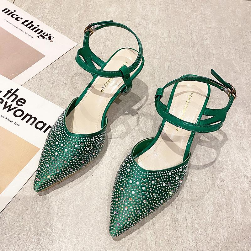 Сексуальные туфли на высоком каблуке с острым носком, женские модные босоножки со стразами, летние дышащие женские туфли-лодочки с ремешком на щиколотке, свадебные туфли