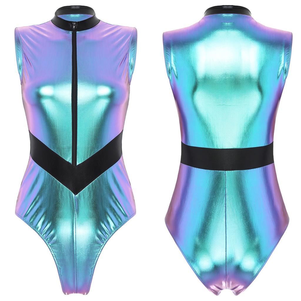 Women Halloween Astronaut Cosplay Costumes Shiny Metallic Zipper Sleeveless Bodysuit Catsuits