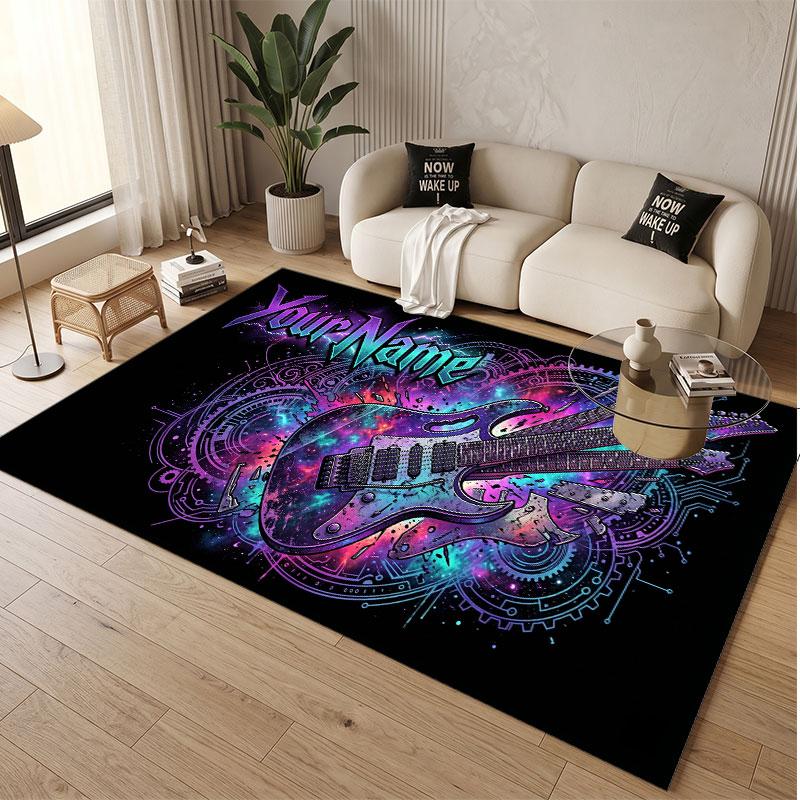 Music Guitar Theme Soft Crystal Velvet Rug Custom Name & Text Print Non Slip Floor Rug for Bedroom Living Room