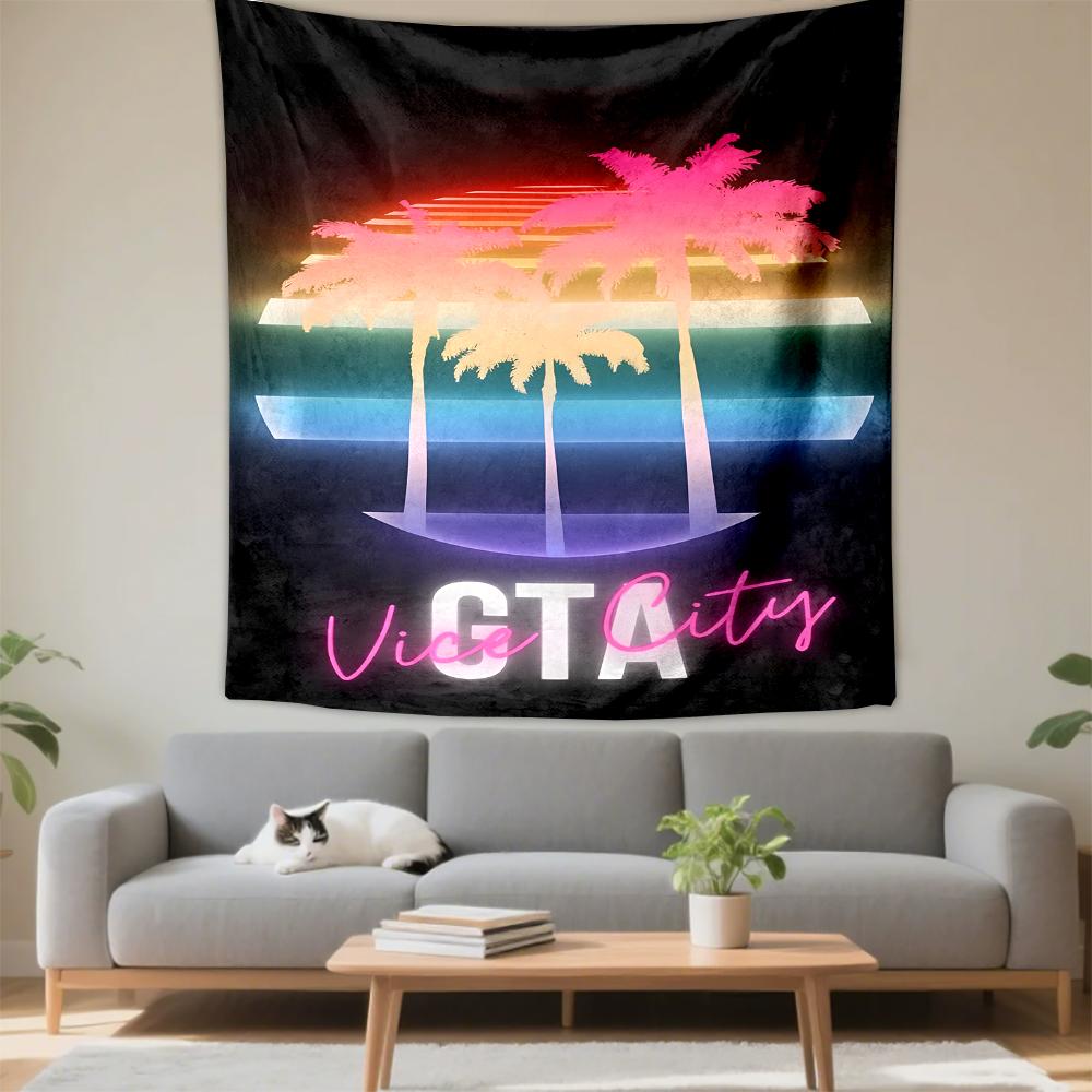 Художественный гобелен GTA Vice City Synthwave Закат с пальмами Неоновый Декор комнаты для видеоигр