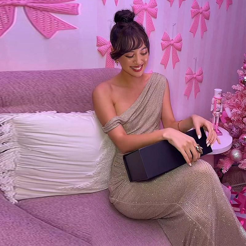 Retro Sequin Single Shoulder Long Dress Women Elegant Glitter Solid Color Slim Fit Evening Dresses Female Street Party Dress