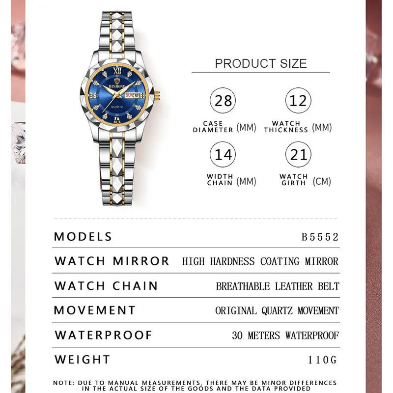 BINBOND B2521 Top Brand Luxury Fashion Business Womens Quartz Watches 30M Waterproof Week Date Clock Sport Womens Wrist Watch