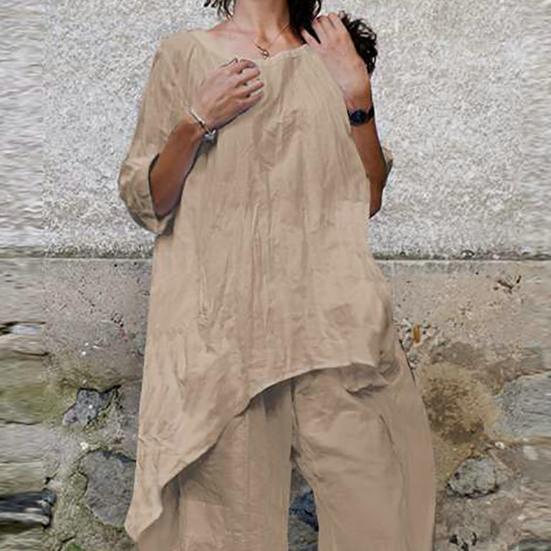 Женский комплект из двух предметов из хлопка и льна, повседневные однотонные рубашки с рукавами 3/4, широкие брюки, костюм для свободной посадки, летняя одежда