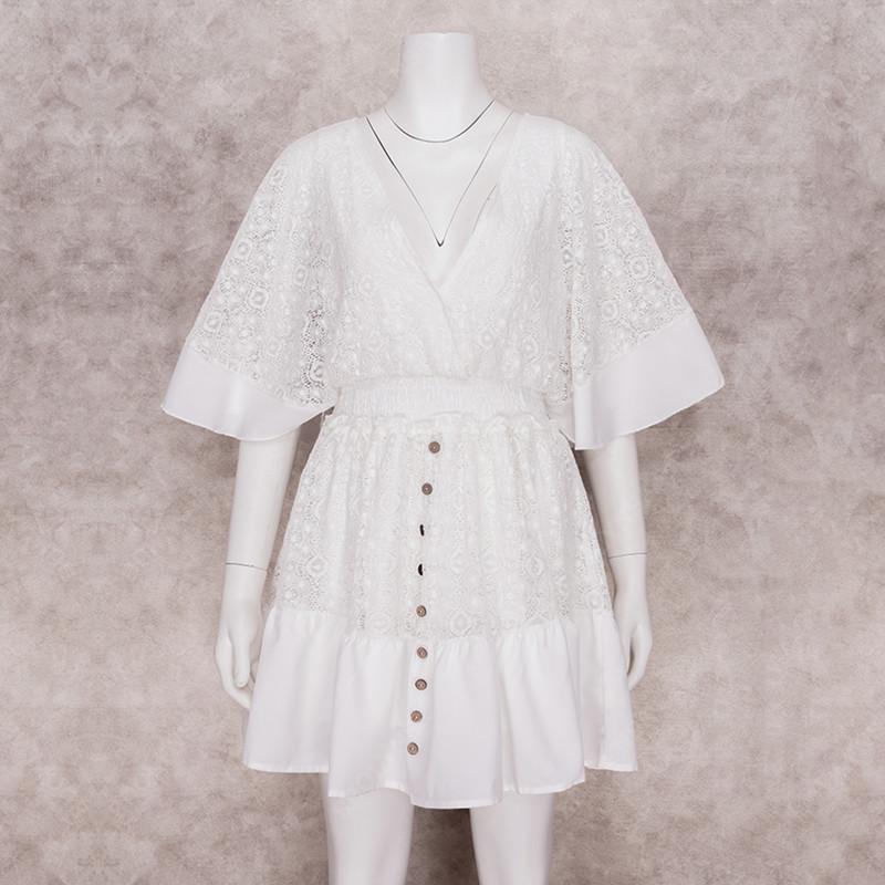 White Lace Tunic Sexy Deep V Neck Button Bikini Cover-ups Women Clothes 2022 Summer Sexy Ruffles Long Sleeves Mini Dress A1132