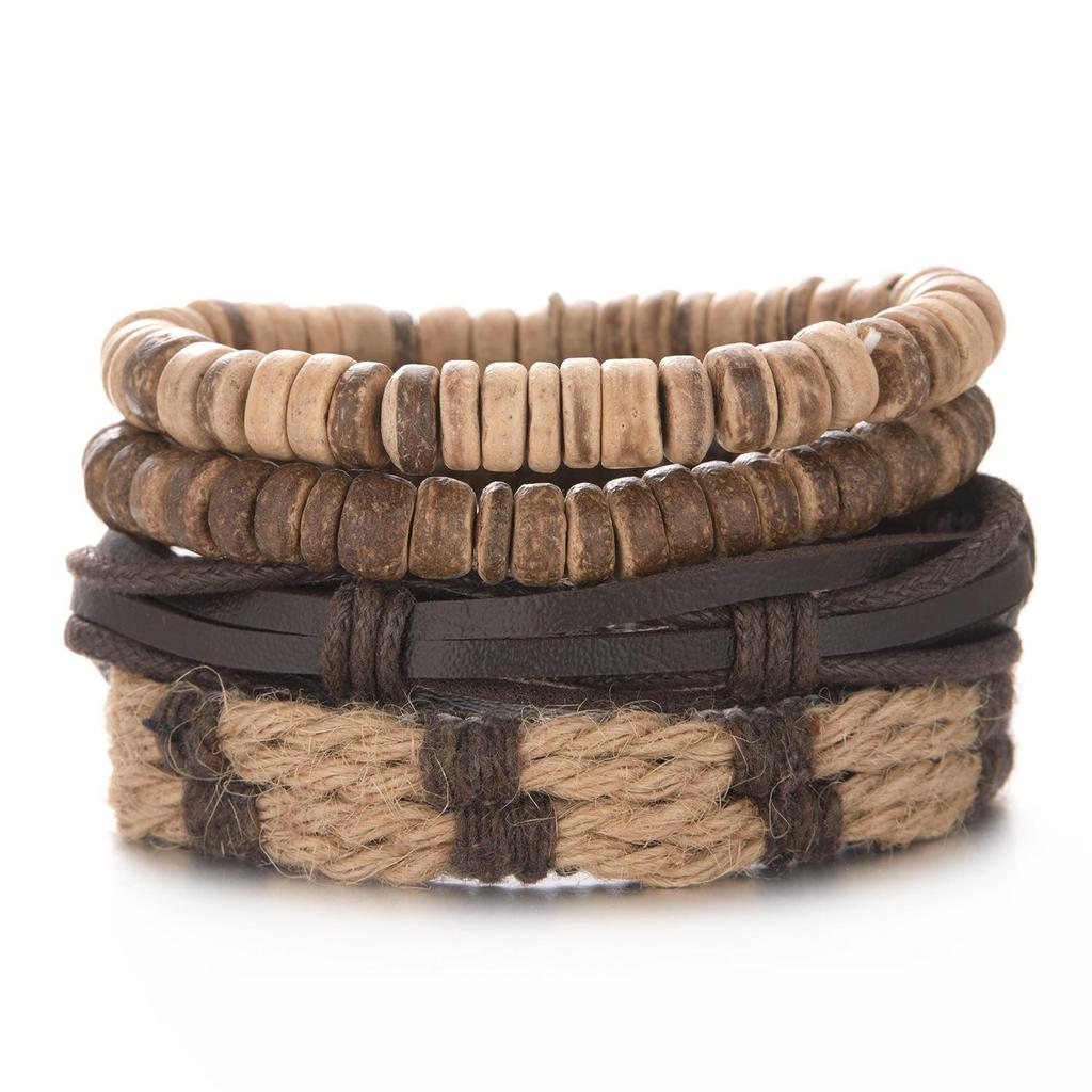 Men's Multi-Layer Bracelet Set with Wooden Beads and Braided Leather