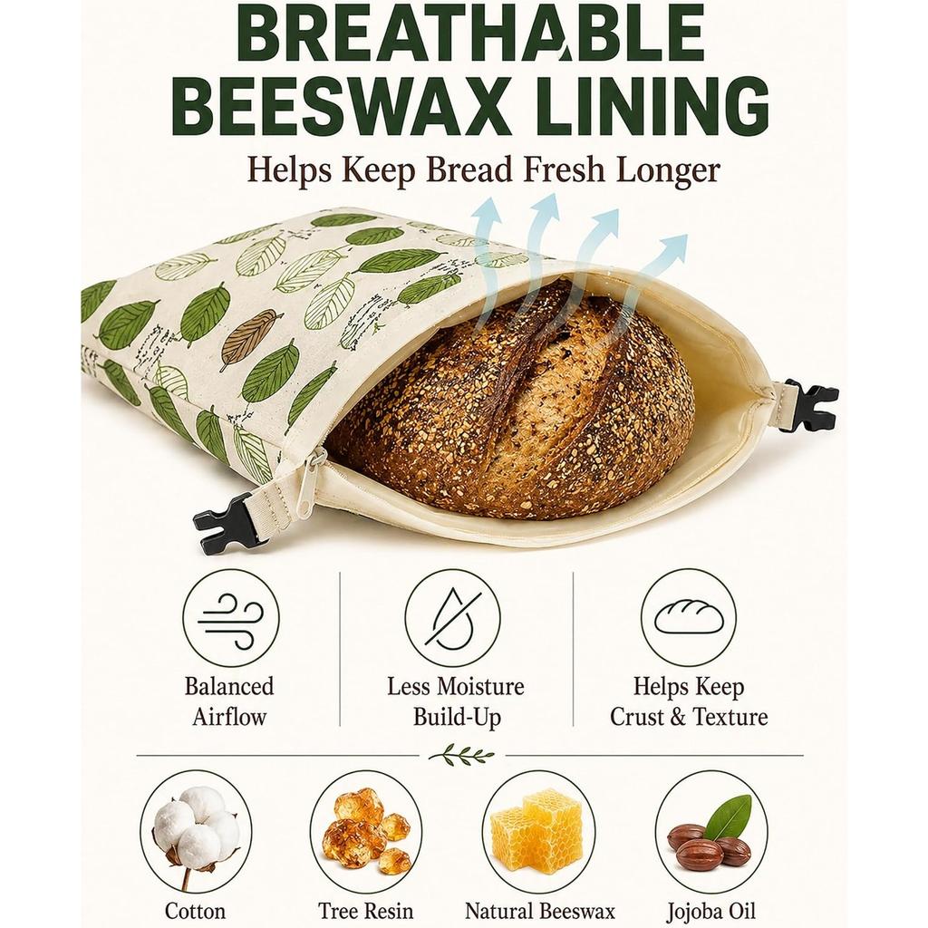Beeswax Bread Bag for Homemade Bread, Sourdough Bread Bags with Zipper, 2 Pack XL 13"x17" Natural Beeswax Lined Cotton Bread Storage Bags