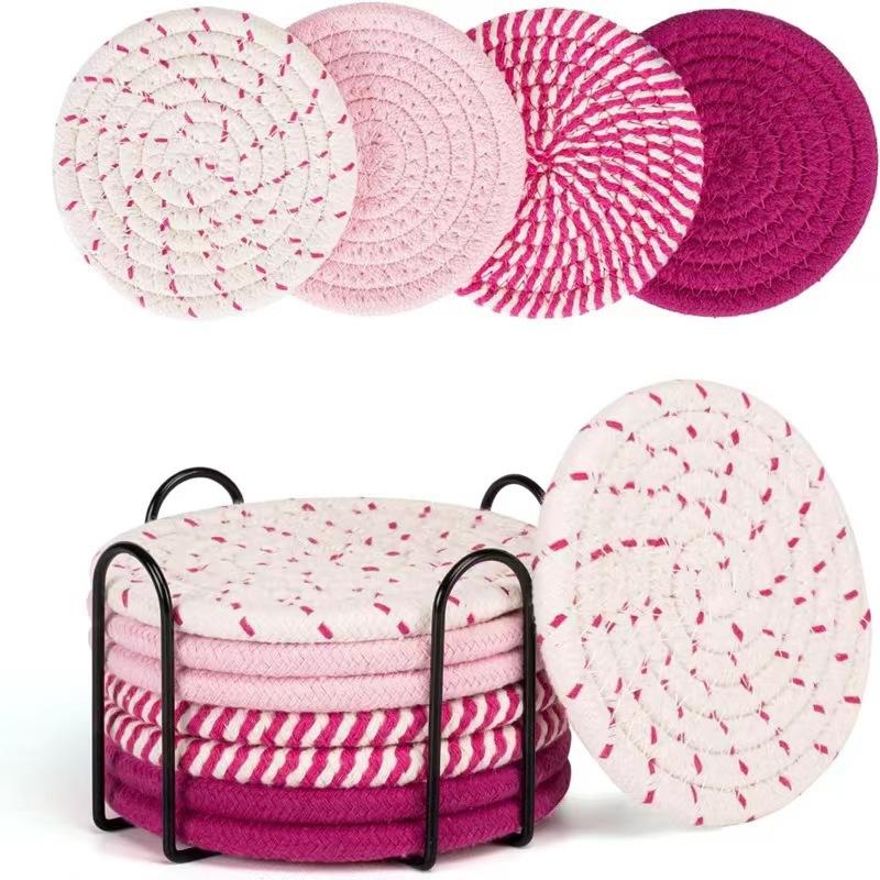 8PCS/Set Cotton Rope Woven Coaster with Holder Table Insulating Mat for Cup Bowl Resistant Coffee Shop Desktop Protection Pad