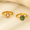 European and American Retro Oval Sunflower Emerald Zircon Pearl Inlaid Ring Plated with 18K Gold Stainless Steel Ring Women