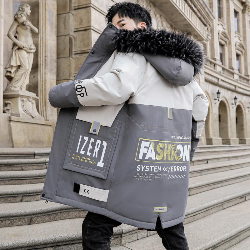 Мужская повседневная зимняя куртка-пуховик средней длины, пальто с капюшоном и воротником из искусственного меха, наполнитель из белого утиного пуха, длинный рукав, застежка-молния