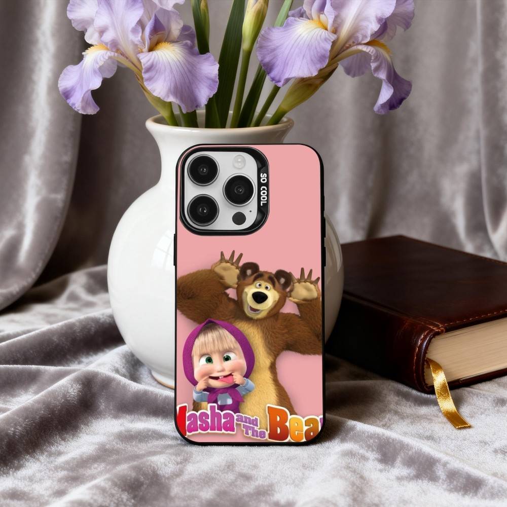 Милый Чехол для Телефона Маша и Медведи Для iPhone17,16,15,14,13,12,11 Plus,Pro Max Черный Конфетный серебристый чехол для телефона
