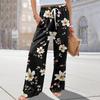 Women's Casual Wide Leg Pants Stretch Belt Pocket Floral Print Adjustable Tie Pants