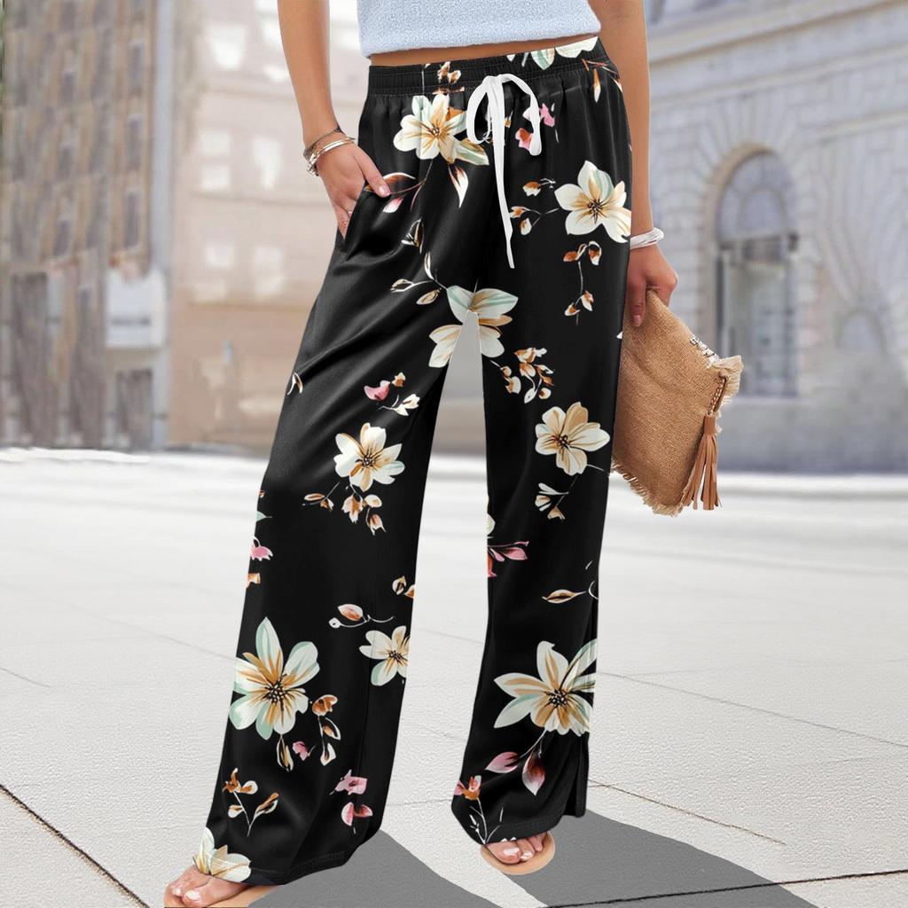 Women's Casual Wide Leg Pants Stretch Belt Pocket Floral Print Adjustable Tie Pants