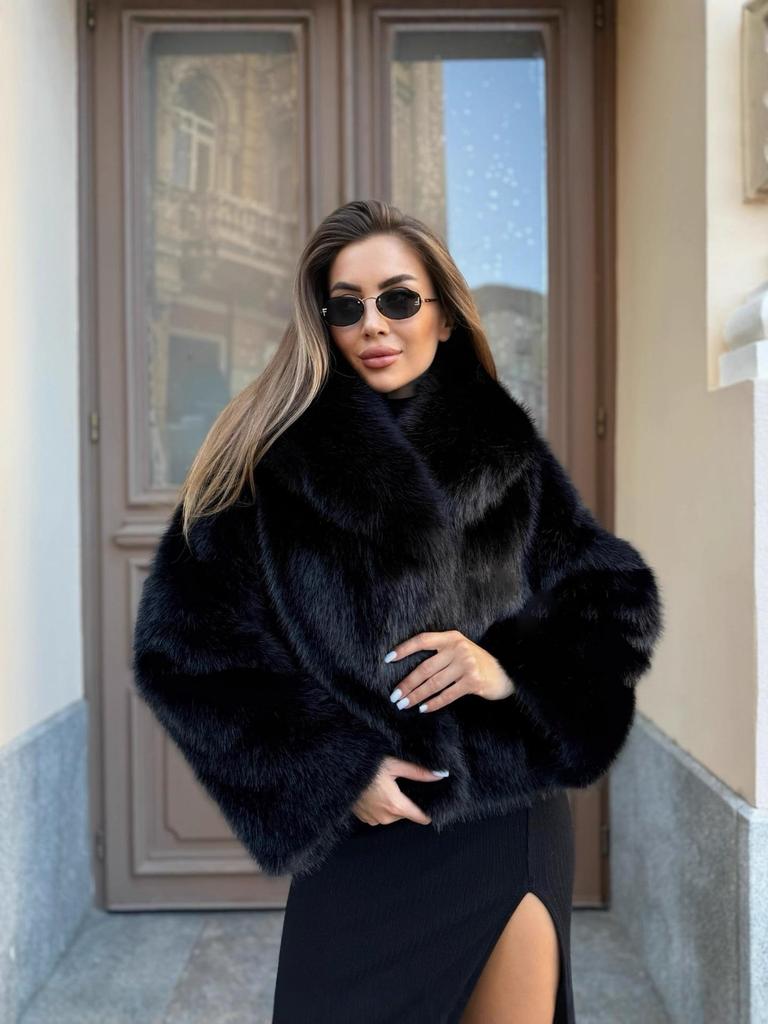 Женское зимнее пальто из искусственного меха лисы с воротником-стойкой