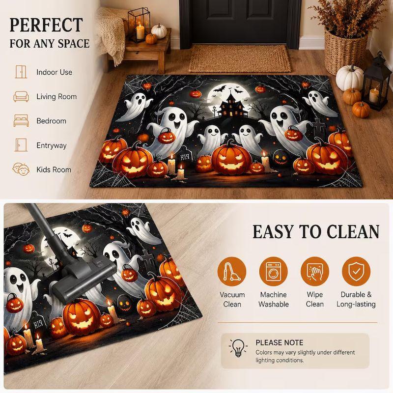Halloween Holiday Doormat Ghost Pumpkin Bat Night Scene Non‑Slip Floor Mat Indoor Outdoor Entrance Festival Home Decor