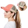 Women Cross Ponytail Baseball Cap Mesh Adjustable Outdoor Sports Washed Distressed Peaked Cap