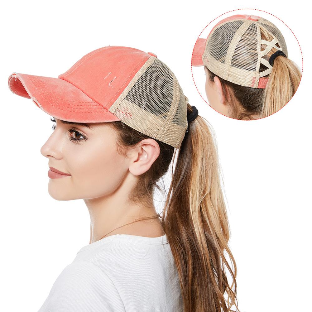 Women Cross Ponytail Baseball Cap Mesh Adjustable Outdoor Sports Washed Distressed Peaked Cap