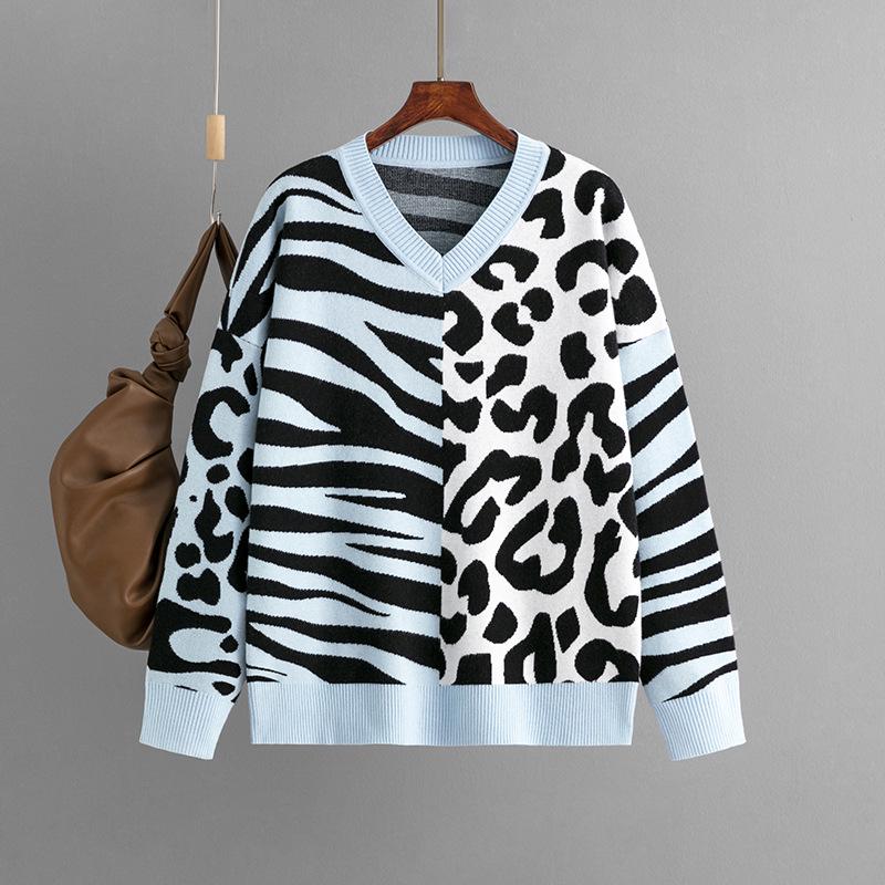 2023 Autumn/Winter Leopard Print Patchwork Knit Pullover Sweater