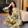 Атласная пижама для женщин весна-осень брюки с длинными рукавами в китайском стиле с принтом удобная домашняя пижама комплект