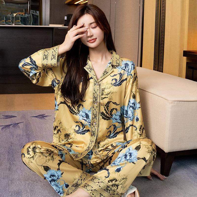 Атласная пижама для женщин весна-осень брюки с длинными рукавами в китайском стиле с принтом удобная домашняя пижама комплект
