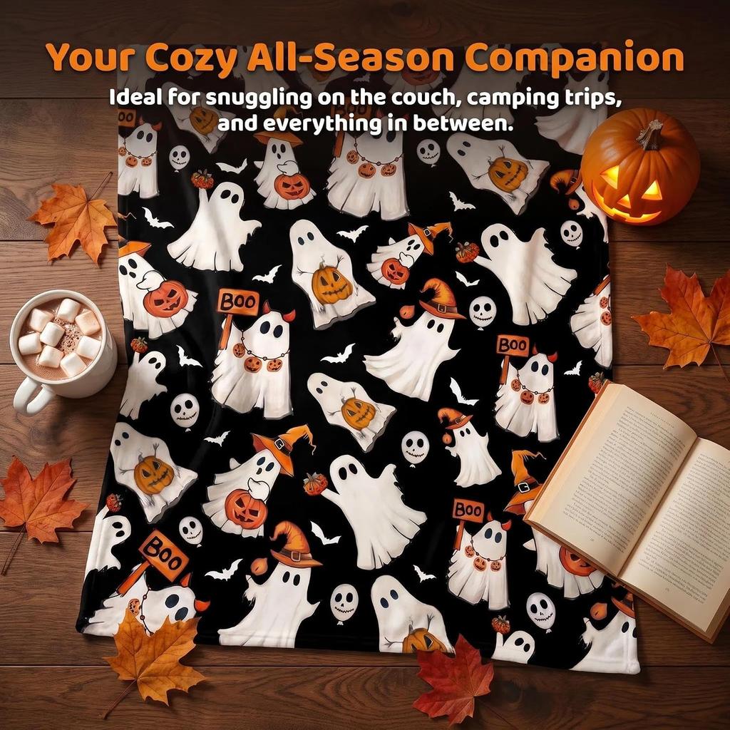 Halloween Ghost Cat Flannel Throw Blanket Black Background Boo Ghost Pumpkin Kitten Soft Throw Blanket
