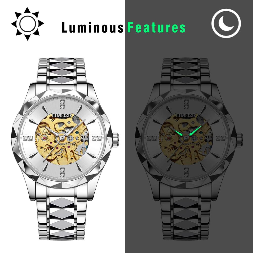 Automatic Skeleton 3ATM Waterproof Luminous Analog Stainless Steel Simple Stylish Casual Business Fashion Accessories Birthday Anniversary Christmas
