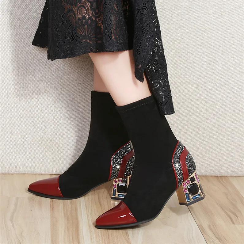 2024 Осень и Зима Новый Стиль Модные Ботинки Женские Грубый Каблук Водяной Бриллиант Нашивки Универсальные Телесные Ботинки