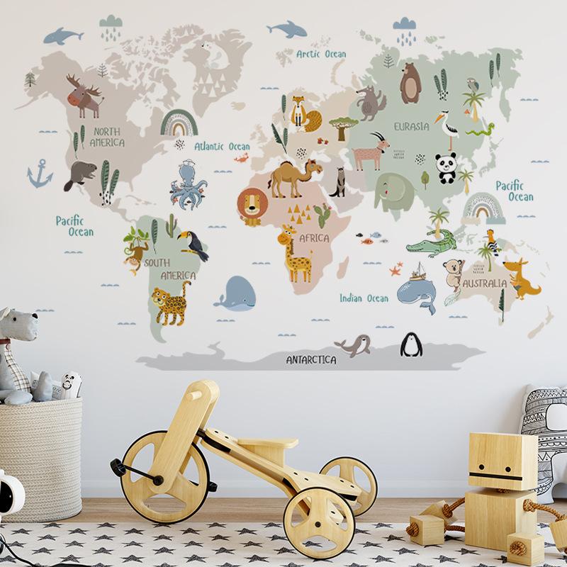 Cartoon Animal World Map Wall Sticker Self Adhesive Kids Room Bedroom Background Kindergarten Classroom Decor